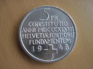 Münze 5 FRANKEN 1948 B 100 Jahre Verfassung, Schweiz als Bundesstaat Silber/Stgl. Bild 1