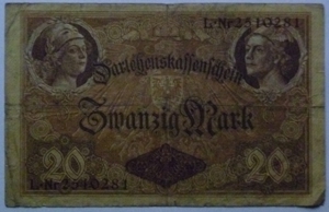 Banknote Geldschein 20 Mark Darlehnskassenschein Berlin 1914