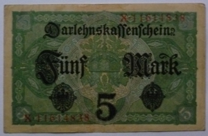 Banknote Geldschein 5 Mark Darlehnskassenschein Berlin 1917 Bild 2