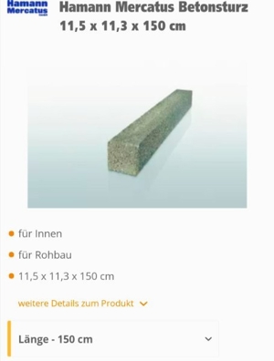 2 Stück Stahlbeton-Sturz 150cm x11,5 x 11,3