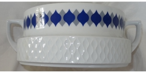C Schirnding Bavaria Suppenterrine 70iger Jahre Dekor weiß mit blau grauem Dekor Porzellan Alt
