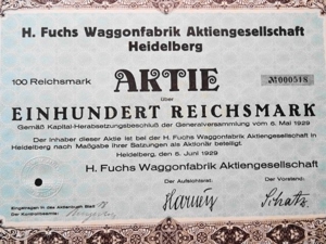 H. Fuchs Waggonfabrik AG 1929 Heidelberg, Historisches Wertpapier, alte Aktie, 100 Reichsmark Bild 1