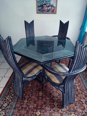 Rattan-Set Esstisch mit 4 stühlen gebraucht wie neu Grundfarbe Blau Bild 1