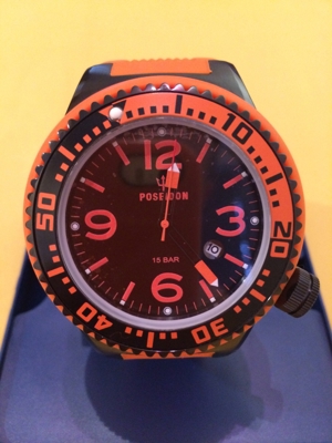 POSEIDON, Herren-Uhr, XL, Black-Pro, Silikon, Orange-schwarz