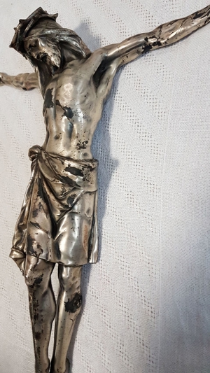 Gr. Jesus Christus Torso Antik Kruzifix Skulptur Altar Kapelle Vortragekreuz Zinn Bild 7