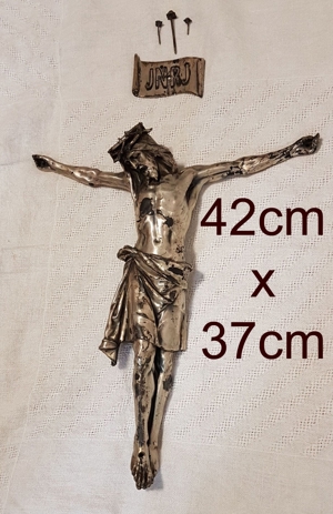 Gr. Jesus Christus Torso Antik Kruzifix Skulptur Altar Kapelle Vortragekreuz Zinn Bild 1