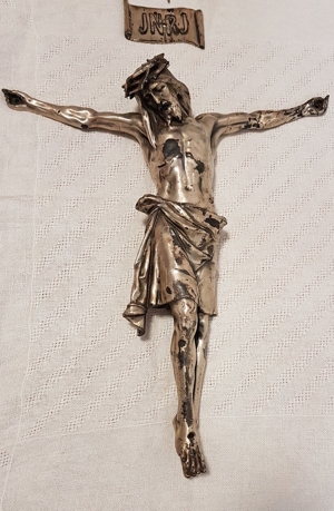 Gr. Jesus Christus Torso Antik Kruzifix Skulptur Altar Kapelle Vortragekreuz Zinn Bild 2