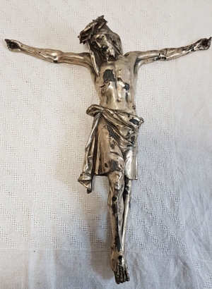 Gr. Jesus Christus Torso Antik Kruzifix Skulptur Altar Kapelle Vortragekreuz Zinn Bild 3