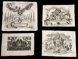 4x Barock Kupferstich Rokoko Mythologie Wappen Freimaurer Piranesi-Art Deutschland Frankreich Italia