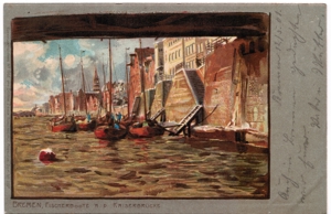 Bremen, Fischerboote a. d. Kaiserbrücke. Lithografie anno 1901, AK Bild 1