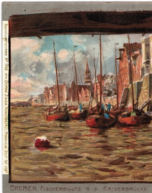 Bremen, Fischerboote a. d. Kaiserbrücke. Lithografie anno 1901, AK Bild 2