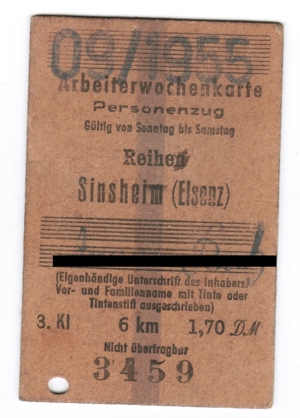 Arbeiterwochenkarte von Sinsheim-Reihen nach Sinsheim