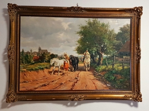 Ölgemälde Pferde Hof Reiten Deutschland Reitschule Gutshof Natur signiert Fohlen Bild 11