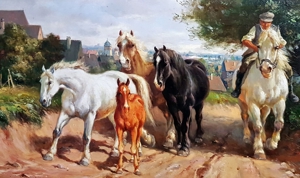 Ölgemälde Pferde Hof Reiten Deutschland Reitschule Gutshof Natur signiert Fohlen Bild 3