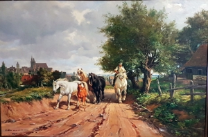 Ölgemälde Pferde Hof Reiten Deutschland Reitschule Gutshof Natur signiert Fohlen Bild 2