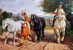 Ölgemälde Pferde Hof Reiten Deutschland Reitschule Gutshof Natur signiert Fohlen Bild 5