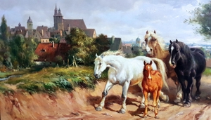 Ölgemälde Pferde Hof Reiten Deutschland Reitschule Gutshof Natur signiert Fohlen Bild 4