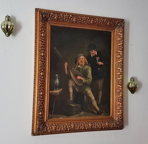 Ölgemälde 18. Jh. Spielleute Zupfinstrument Gesang Weinprobe Zinnkanne Burg Mittelalter Laute Fidel