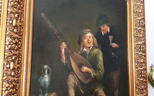 Ölgemälde 18. Jh. Spielleute Zupfinstrument Gesang Weinprobe Zinnkanne Burg Mittelalter Laute Fidel Bild 8