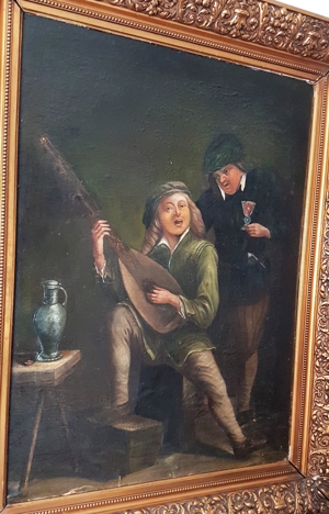 Ölgemälde 18. Jh. Spielleute Zupfinstrument Gesang Weinprobe Zinnkanne Burg Mittelalter Laute Fidel Bild 4