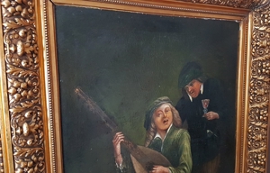 Ölgemälde 18. Jh. Spielleute Zupfinstrument Gesang Weinprobe Zinnkanne Burg Mittelalter Laute Fidel Bild 11