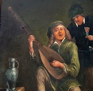 Ölgemälde 18. Jh. Spielleute Zupfinstrument Gesang Weinprobe Zinnkanne Burg Mittelalter Laute Fidel Bild 7