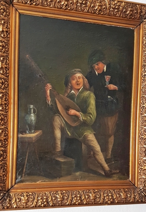 Ölgemälde 18. Jh. Spielleute Zupfinstrument Gesang Weinprobe Zinnkanne Burg Mittelalter Laute Fidel Bild 3
