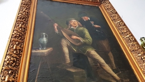 Ölgemälde 18. Jh. Spielleute Zupfinstrument Gesang Weinprobe Zinnkanne Burg Mittelalter Laute Fidel Bild 10