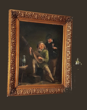 Ölgemälde 18. Jh. Spielleute Zupfinstrument Gesang Weinprobe Zinnkanne Burg Mittelalter Laute Fidel Bild 2