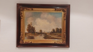 Bild in Rahmen (Flusslandschaft mit Schafherde)