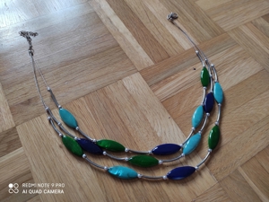 Hals Kette dreilagig silbern blau / grün - ca. 45 cm - wie neu Bild 1