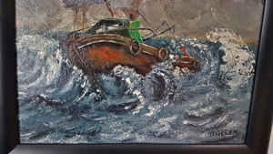 Ölgemälde Schiff SOS Seenot Nordsee Sylt Kutter Boot Segel Ex Voto Meer signiert Bild 5