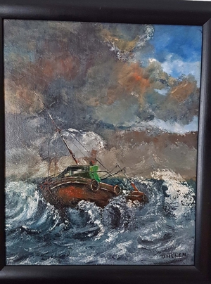 Ölgemälde Schiff SOS Seenot Nordsee Sylt Kutter Boot Segel Ex Voto Meer signiert Bild 3