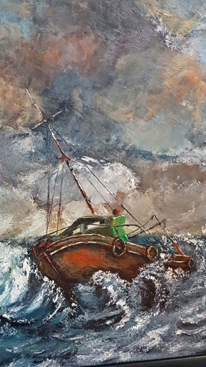 Ölgemälde Schiff SOS Seenot Nordsee Sylt Kutter Boot Segel Ex Voto Meer signiert Bild 6
