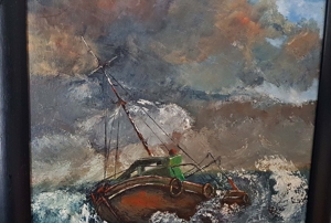 Ölgemälde Schiff SOS Seenot Nordsee Sylt Kutter Boot Segel Ex Voto Meer signiert Bild 8