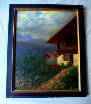 2 alte Ölgemälde Gemälde , Birken, Alpen, Schweiz ? Österreich ? Bild 2