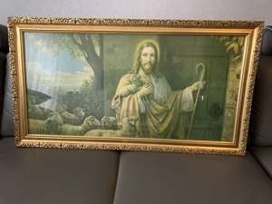Großes altes VINTAGE HEILIGEN BILD Jesus mit Schafherde Bilderrahmen Gold 110 x 60 cm 1940er/50er Bild 2