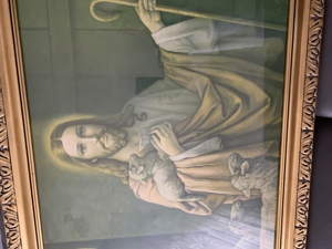 Großes altes VINTAGE HEILIGEN BILD Jesus mit Schafherde Bilderrahmen Gold 110 x 60 cm 1940er/50er Bild 3