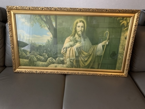 Großes altes VINTAGE HEILIGEN BILD Jesus mit Schafherde Bilderrahmen Gold 110 x 60 cm 1940er/50er Bild 14