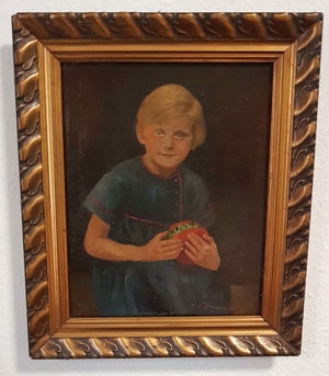 Ölgemälde Mädchen Kind mit Spielzeug Jugendstil Porträt Kleidchen