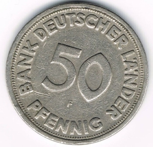 50 Pfennig Münze - Bank Deutscher Länder - 1949 - Prägung F - Stuttgart Bild 2