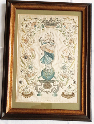 Klosterarbeit 19 Jh Seide Stickerei heilige Maria Immaculata Madonna Stickbild Exvoto Votiv Bild Bild 1