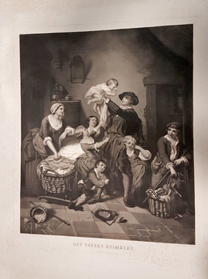 Grafik Galvanographie 1860 Vater Familie Kinder Mutter Baby Wiege v. Gemälde " Des Vaters Heimkehr " Bild 9