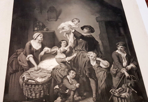 Grafik Galvanographie 1860 Vater Familie Kinder Mutter Baby Wiege v. Gemälde " Des Vaters Heimkehr " Bild 7