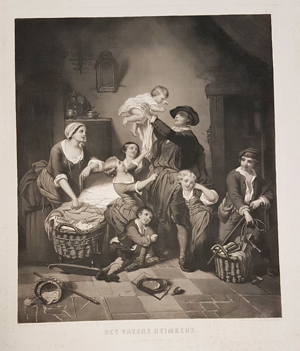 Grafik Galvanographie 1860 Vater Familie Kinder Mutter Baby Wiege v. Gemälde " Des Vaters Heimkehr " Bild 2