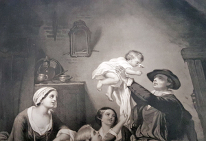 Grafik Galvanographie 1860 Vater Familie Kinder Mutter Baby Wiege v. Gemälde " Des Vaters Heimkehr " Bild 6