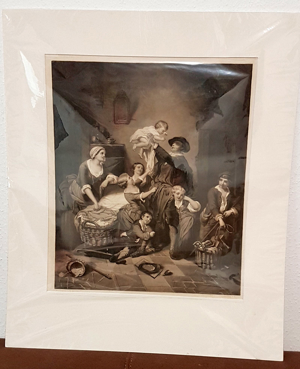 Grafik Galvanographie 1860 Vater Familie Kinder Mutter Baby Wiege v. Gemälde " Des Vaters Heimkehr " Bild 1