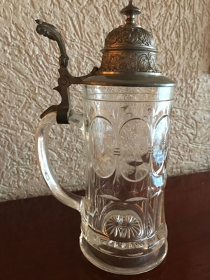 Antike Bierkrüge aus Glas mit Zinndeckel, 2 Stück Bild 2