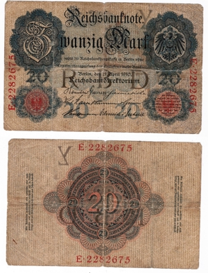 Zwanzig Mark, Reichsbanknote, 1910, E-Serie, no PayPal Bild 4