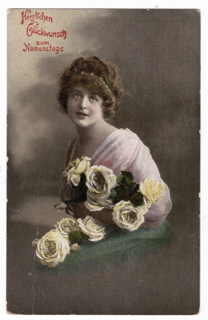 Ansichtskarte Namenstag Mädchenportrait mit weißen Rosen Bild 2